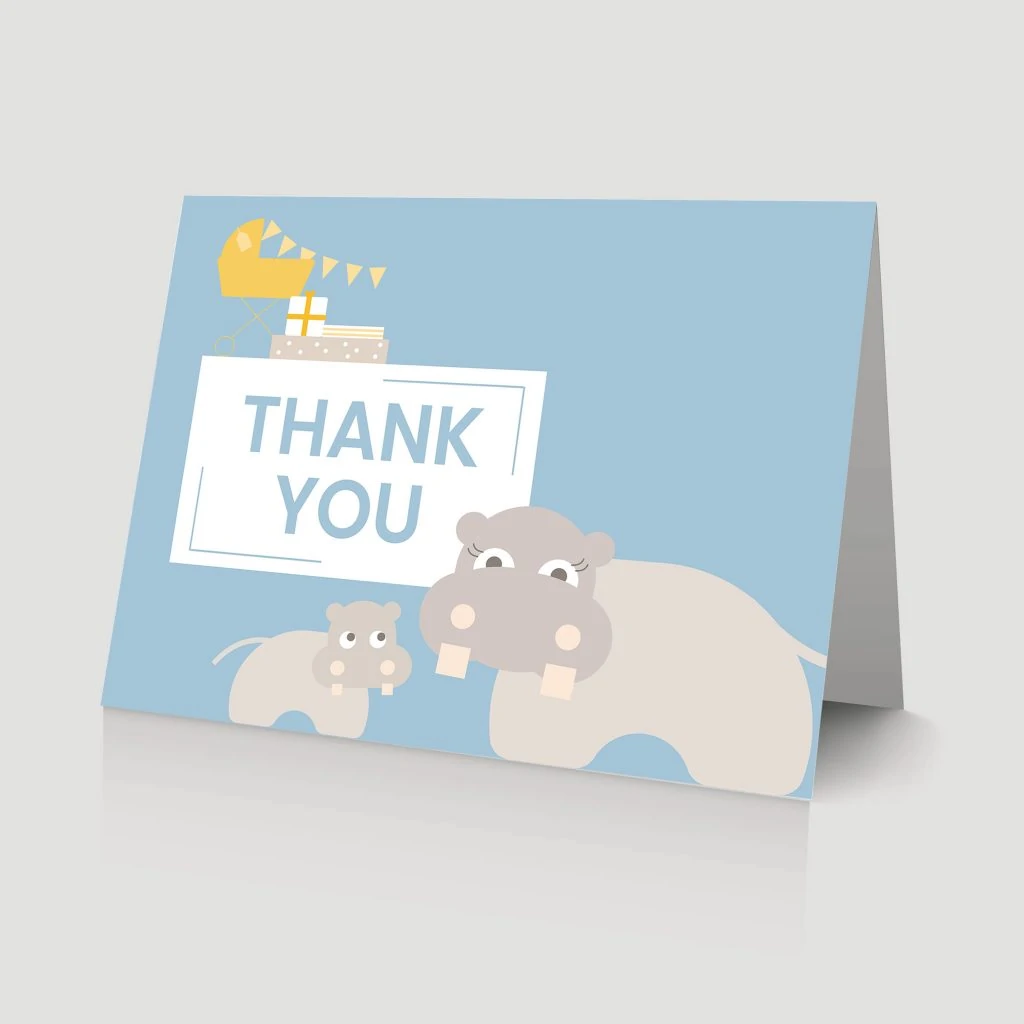 WebBabyShower - thank you card - hippo and baby blue