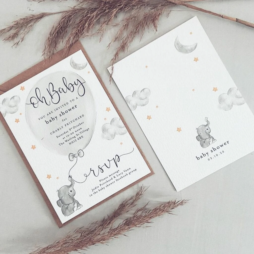 invitación de baby shower oh baby elephant moon and stars