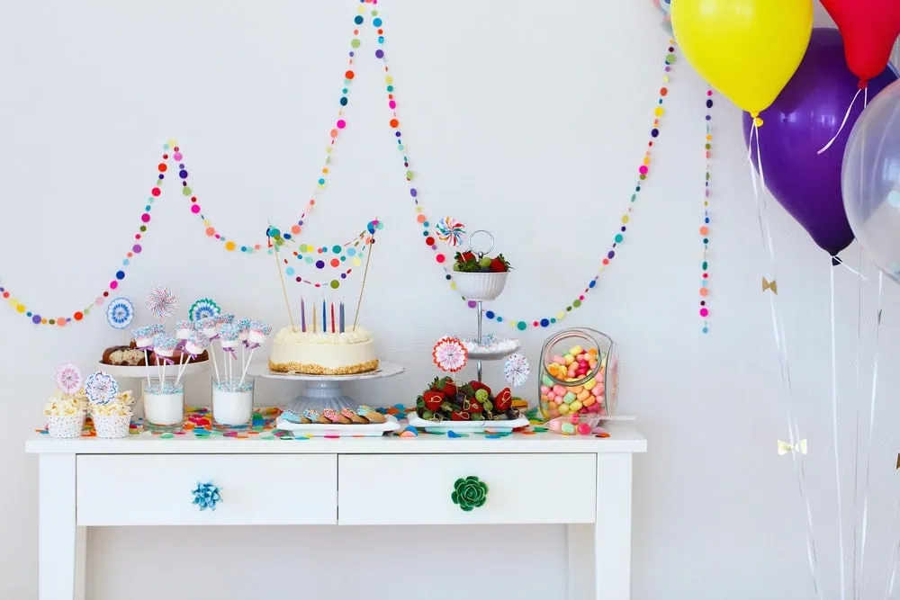 Webbabyshower Balloons, Cake, candies, marshmallows, cakepops, fruits and other sweets on dessert table at sip n see