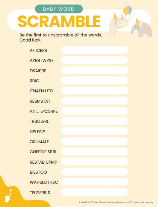 webbabyshower printable baby shower games word scramble