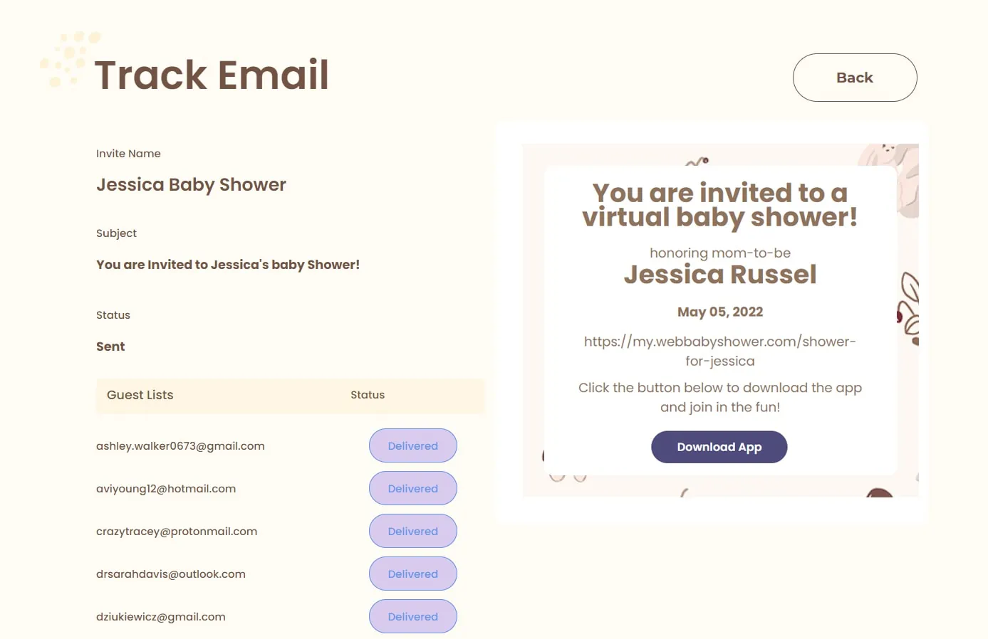 webbabyshower invite tracking feature