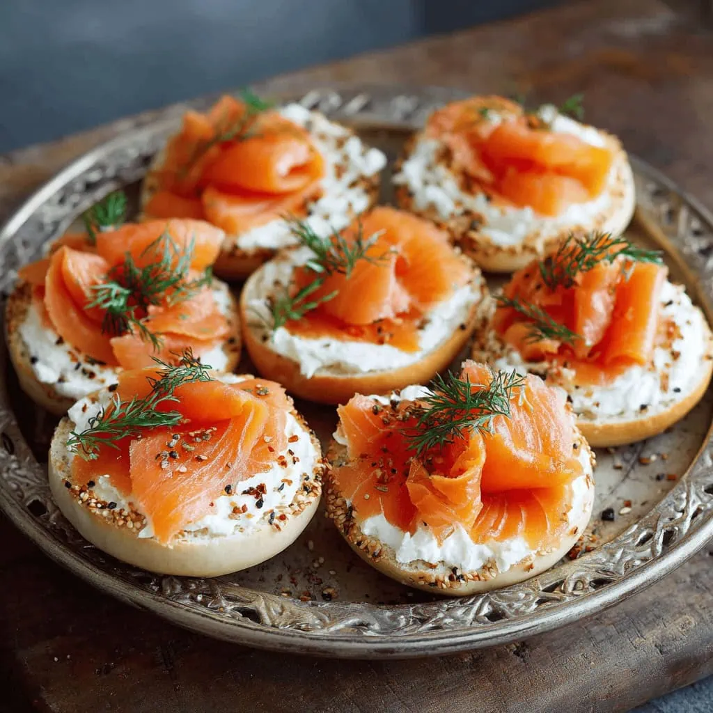 Smoked Salmon Bagel Bites for Baby Shower. Delicious smoked salmon bagel bites with cream cheese and dill, perfect for baby shower appetizers.