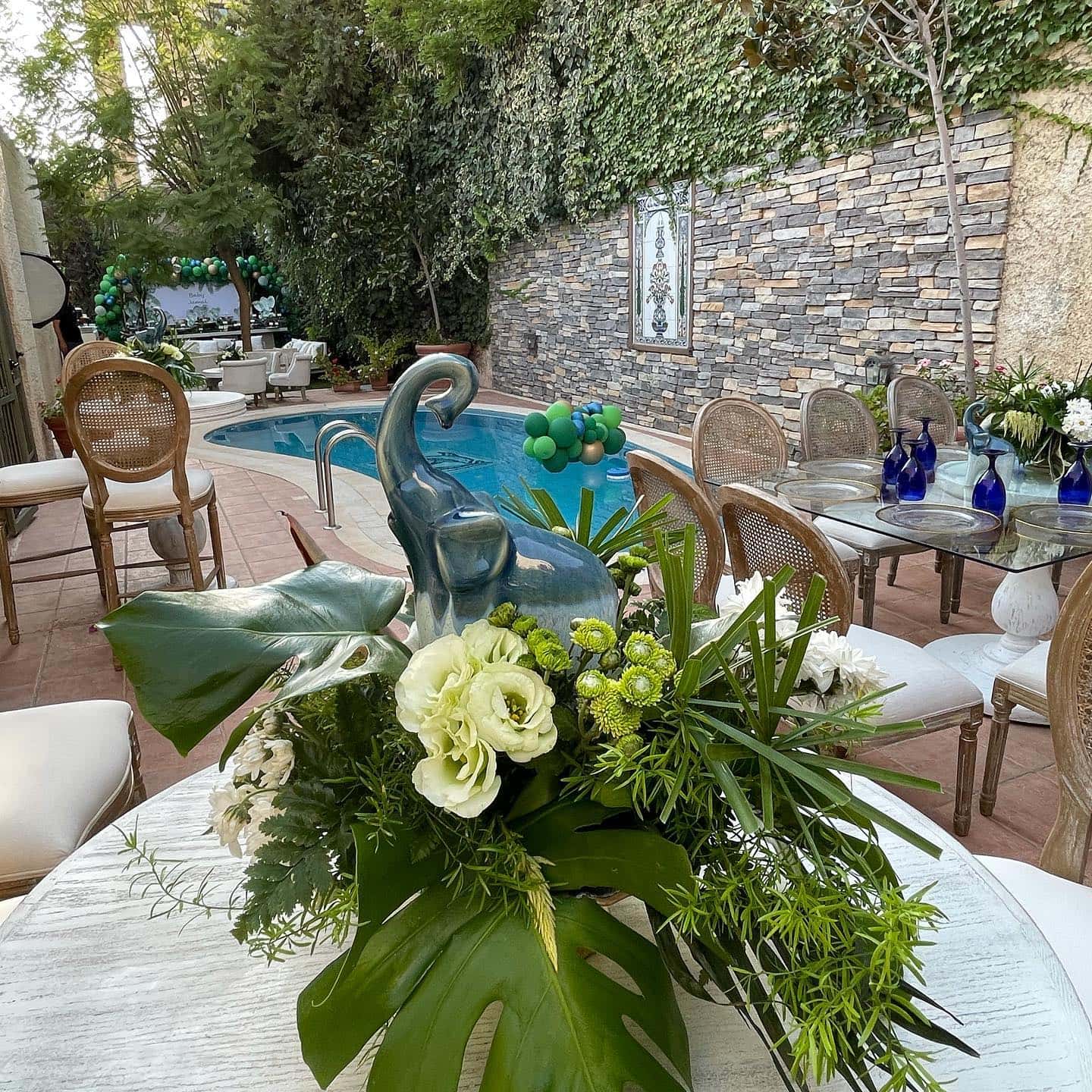a picture of an elephant baby shower food set up and decor by Chez Hilda Pâtisserie in Amman, Jordan