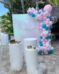 a picture of a mermaid baby shower organized by A&E Keys Balloons Rentals in Florida