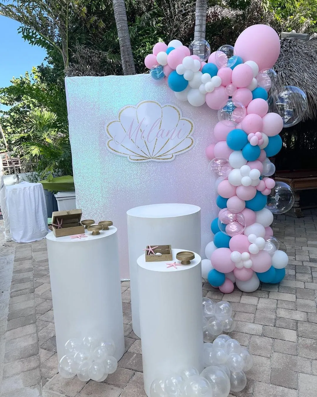 a picture of a mermaid baby shower organized by A&E Keys Balloons Rentals in Florida