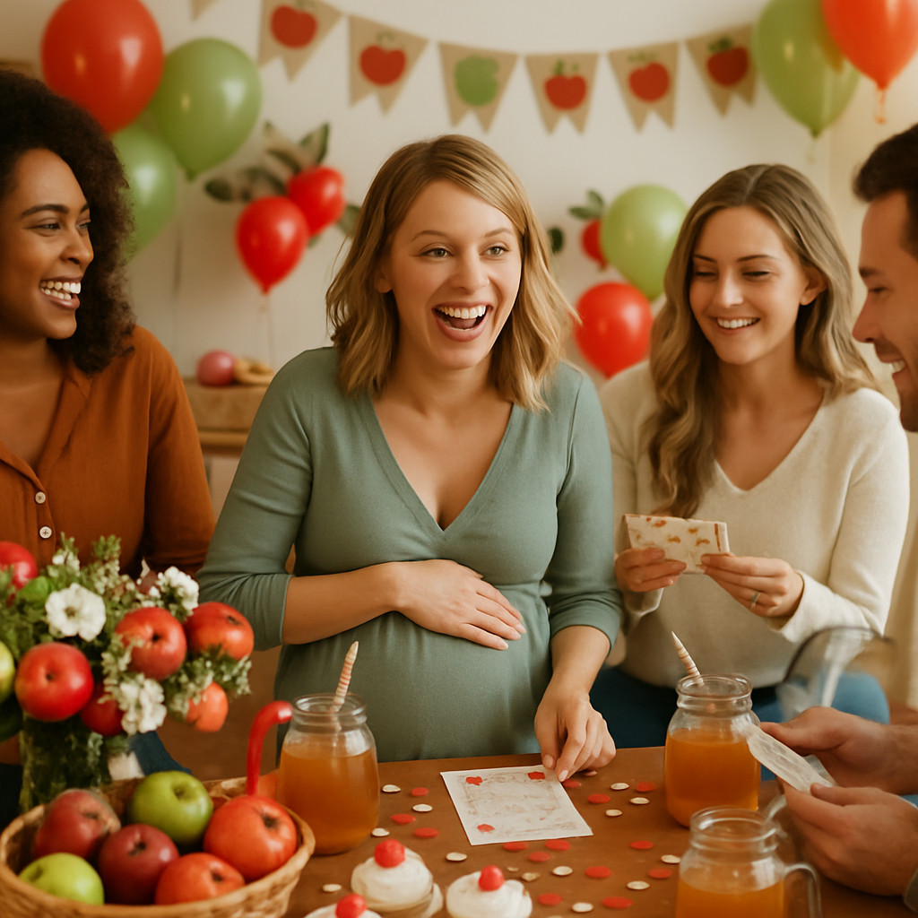 A joyful gathering at a baby shower with apple-themed decorations, featuring friends laughing and enjoying apple cider and treats.