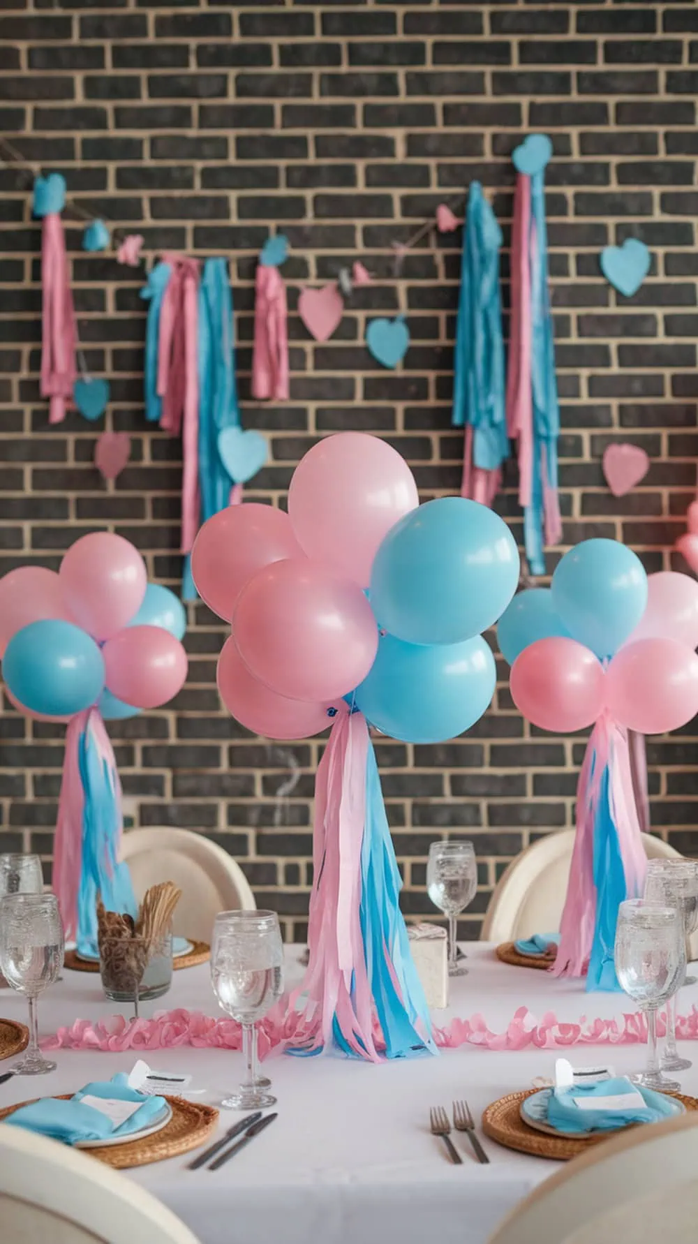 Colorful table centerpieces for a gender reveal party with pink and blue balloons and streamers.