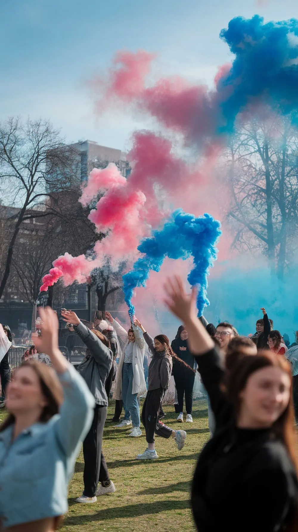 Group of people celebrating a gender reveal with colorful smoke bombs.