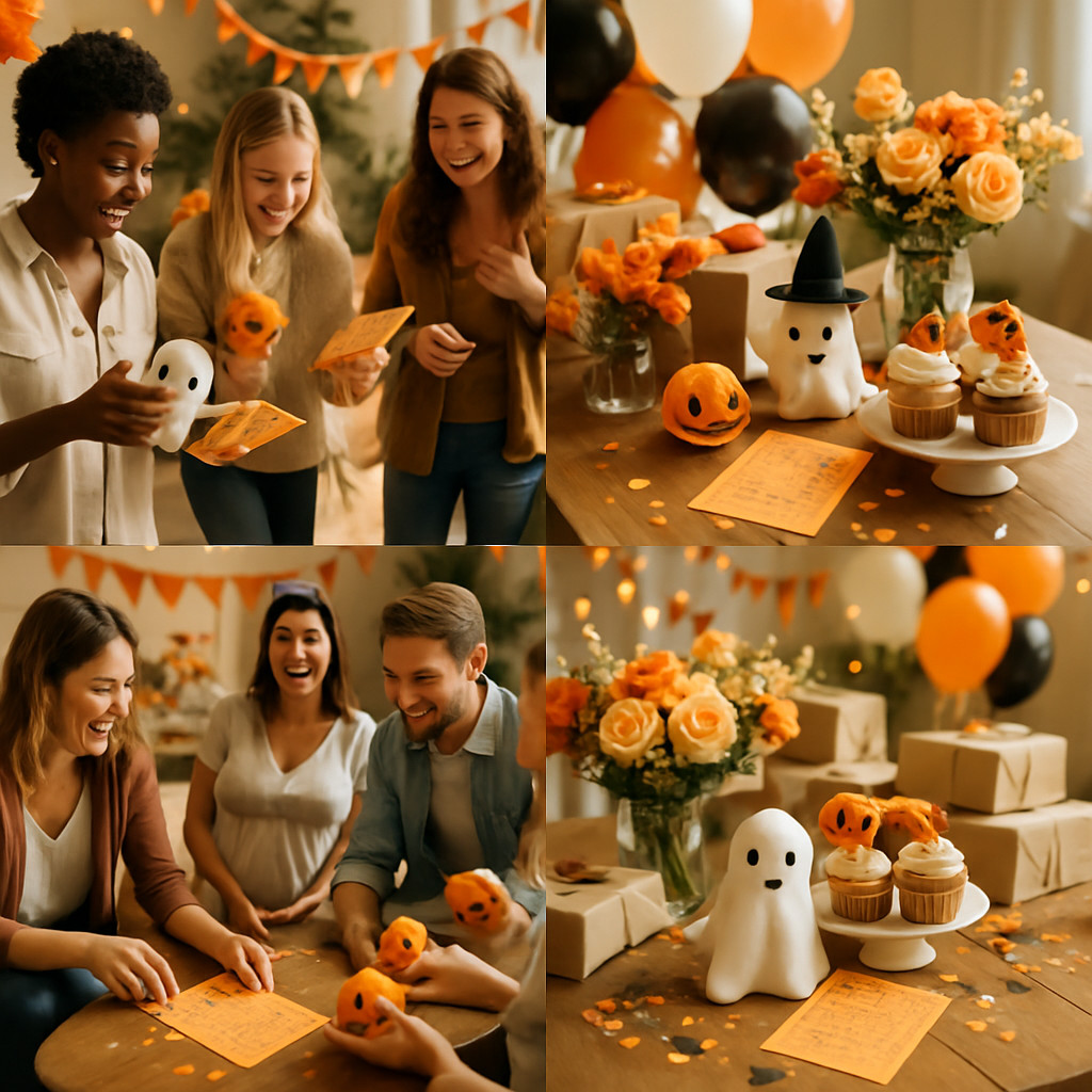 Friends enjoying a Halloween baby shower with decorations, cupcakes, and scavenger hunt lists.