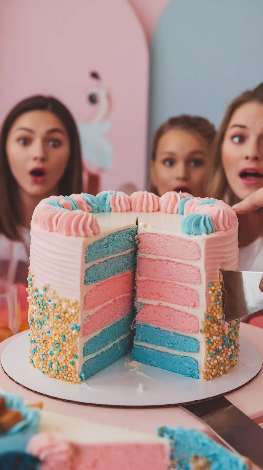 A gender reveal cake with pink and blue layers, surrounded by surprised friends.