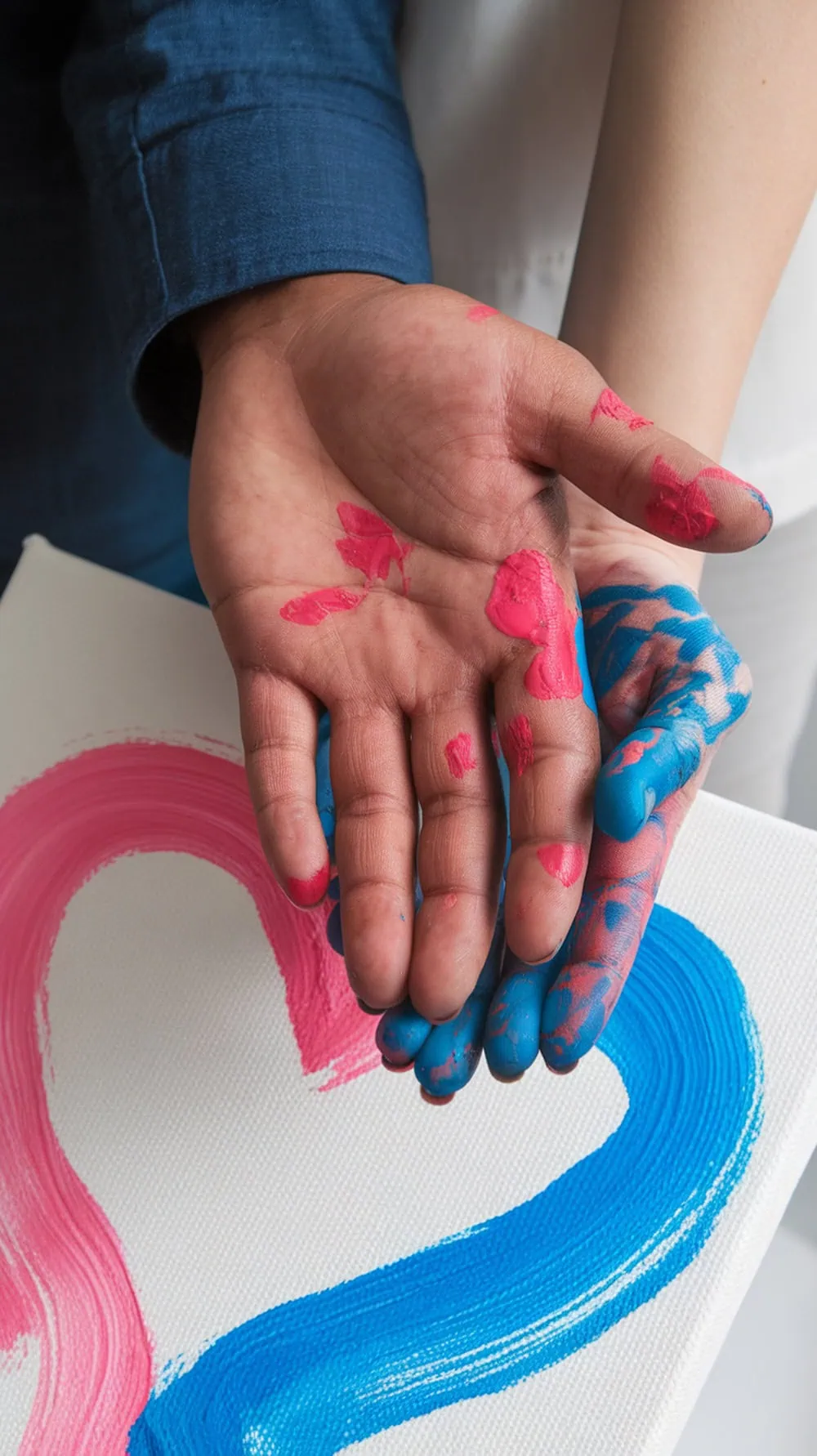 Hands covered in pink and blue paint creating a heart design on a canvas.