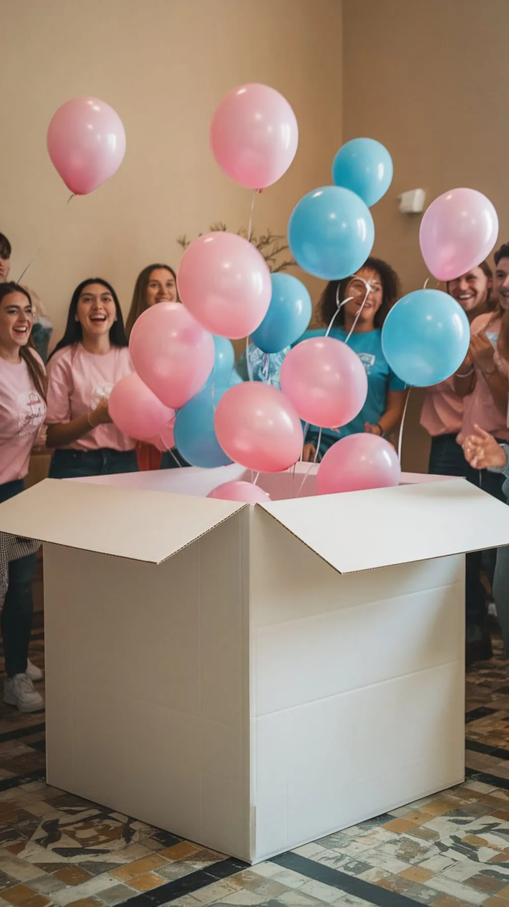 A group of people joyfully celebrating a gender reveal with pink and blue balloons popping out of a large box.