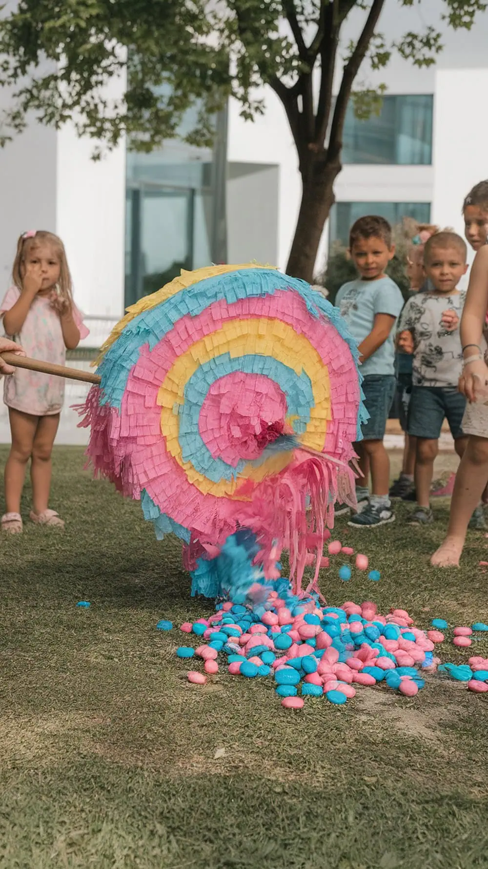 Children gathered around a colorful piñata during a gender reveal party.