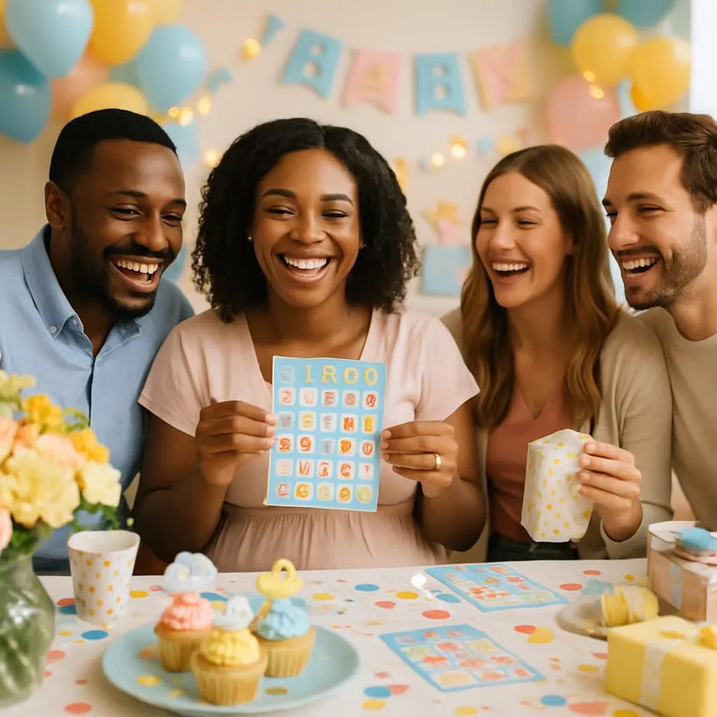A group of friends playing Baby Bingo at a baby shower, smiling and enjoying the festive atmosphere.