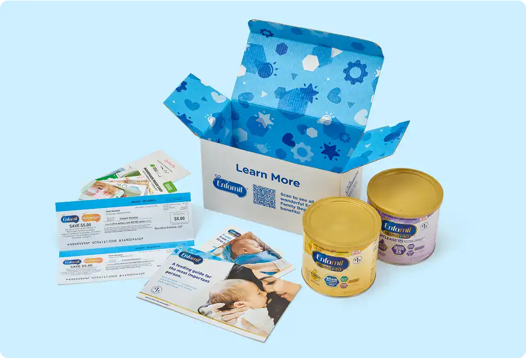 Baby sample box with coupons, brochures, and baby care products.