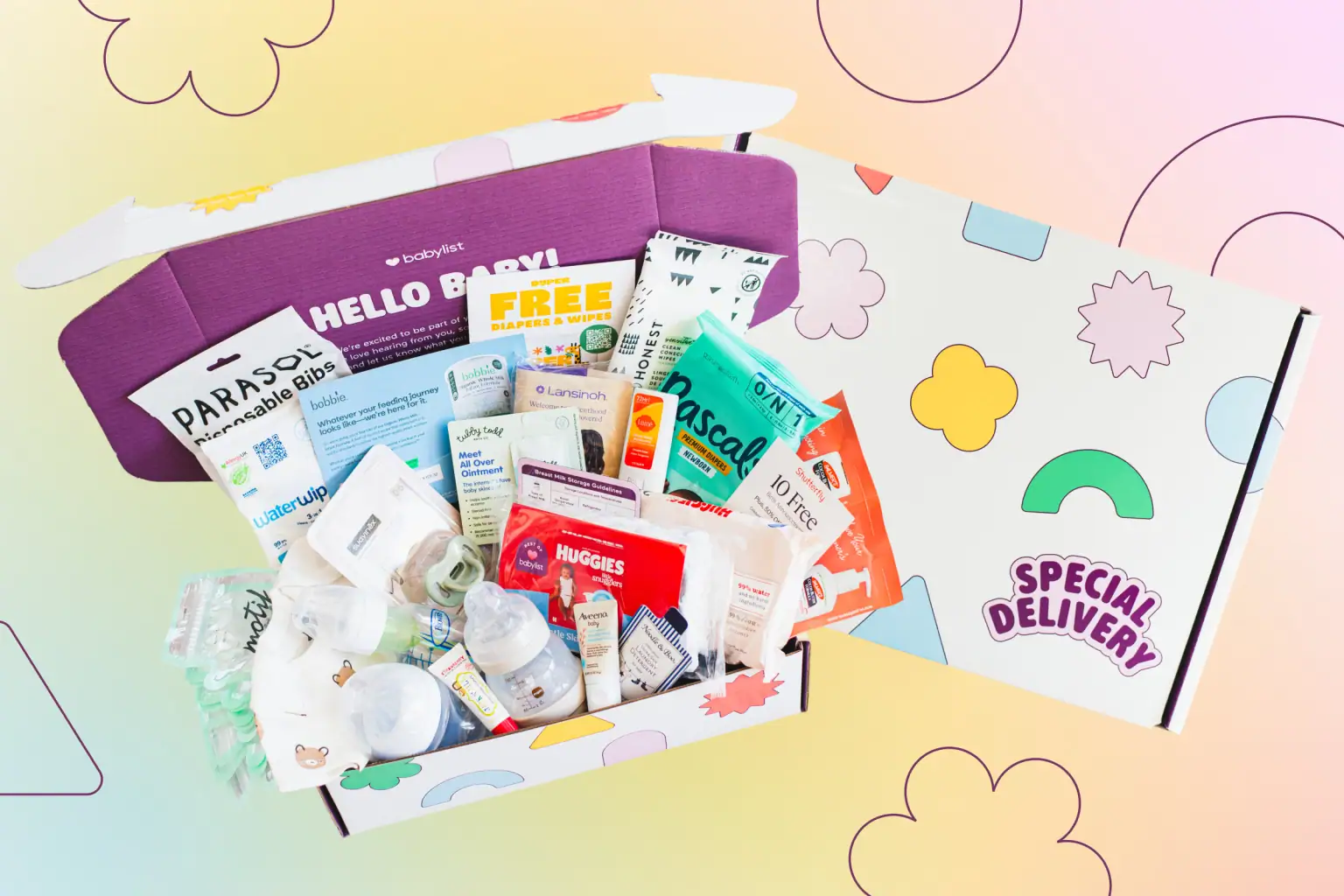Baby sample box with free baby products and special delivery service.