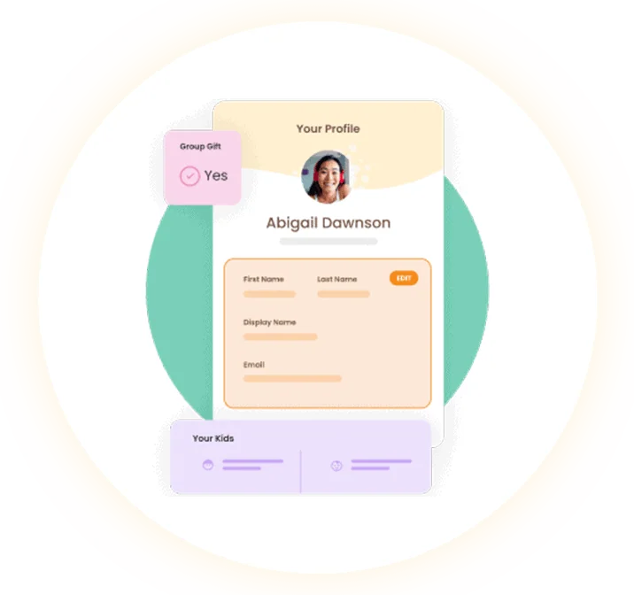 User profile interface for baby shower planning and invitations.