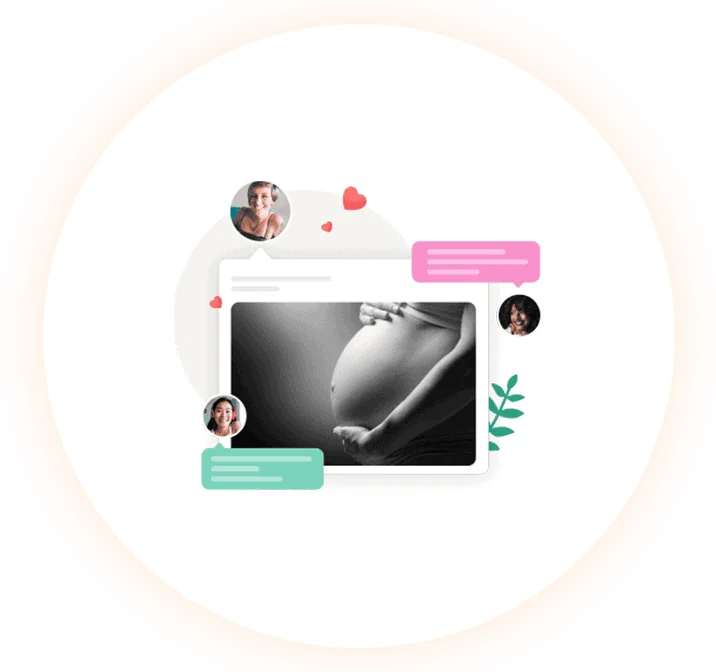 Pregnant woman holding belly, online support, baby shower, virtual pregnancy consultation, medical imaging.