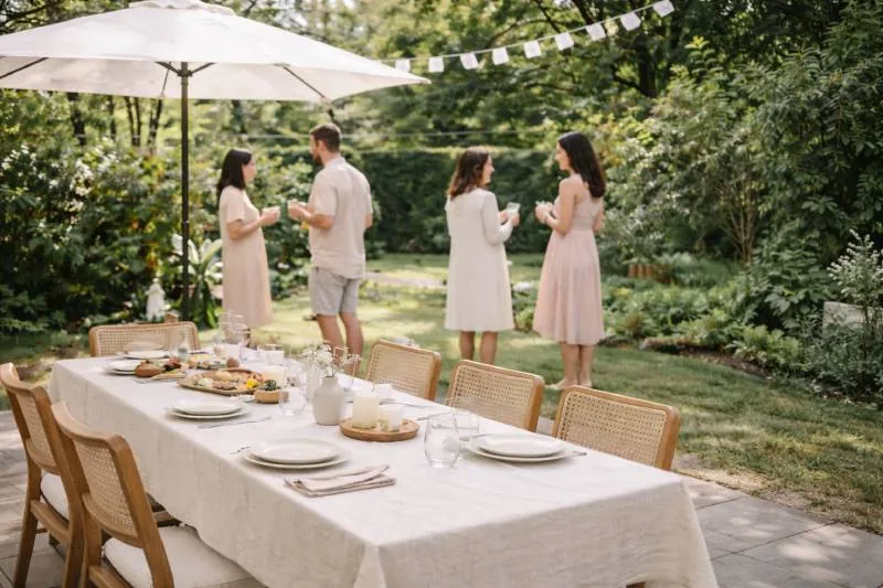 A beautiful outdoor baby shower with a decorated table and guests in garden setting.