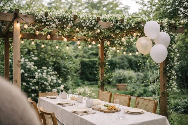 Beautiful outdoor baby shower table with floral garland and balloons, perfect for celebration.