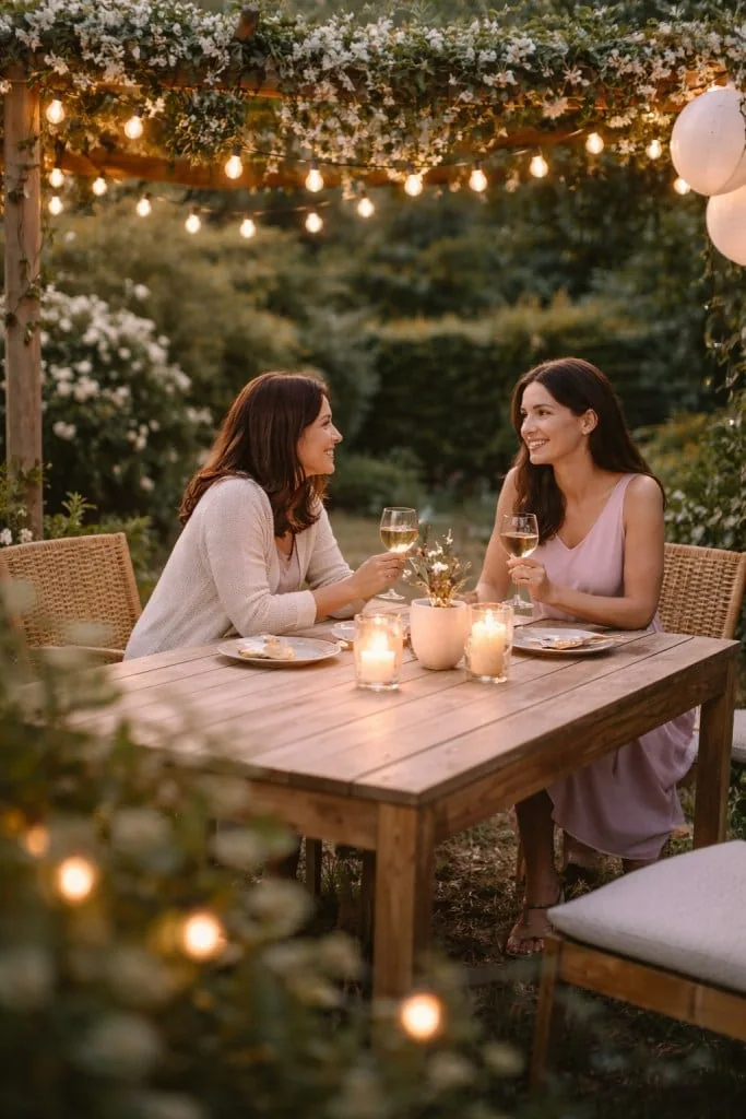 Elegant outdoor dinner with friends at night, candles, greenery, and string lights.