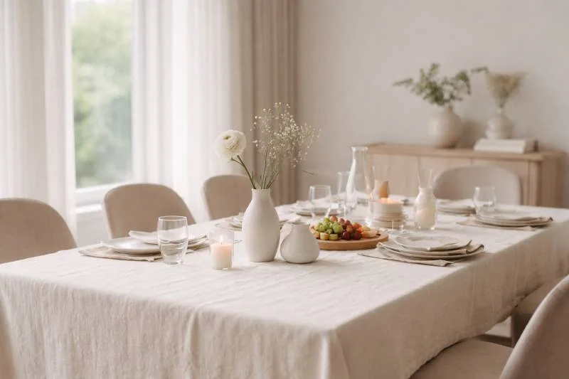 Stylish baby shower table setup with white vases, flowers, and fresh fruit.