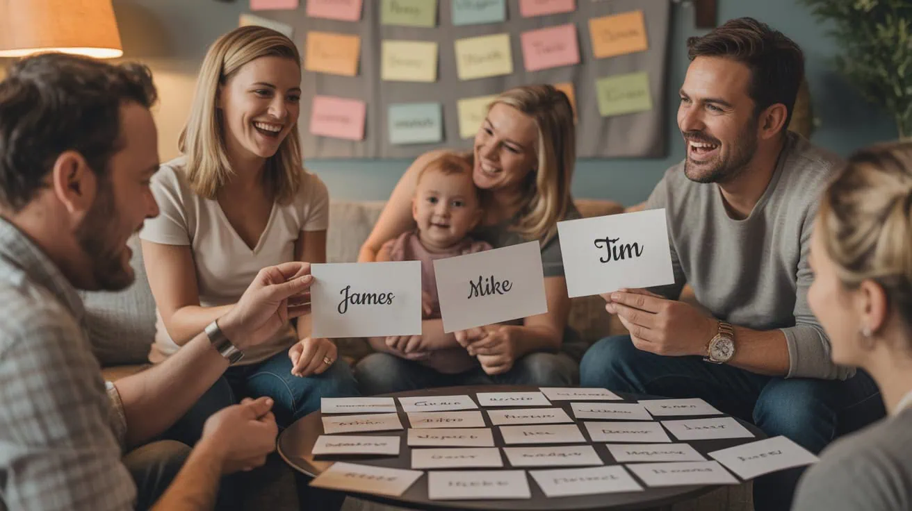 Group of friends and family playing a fun baby shower game with name cards.