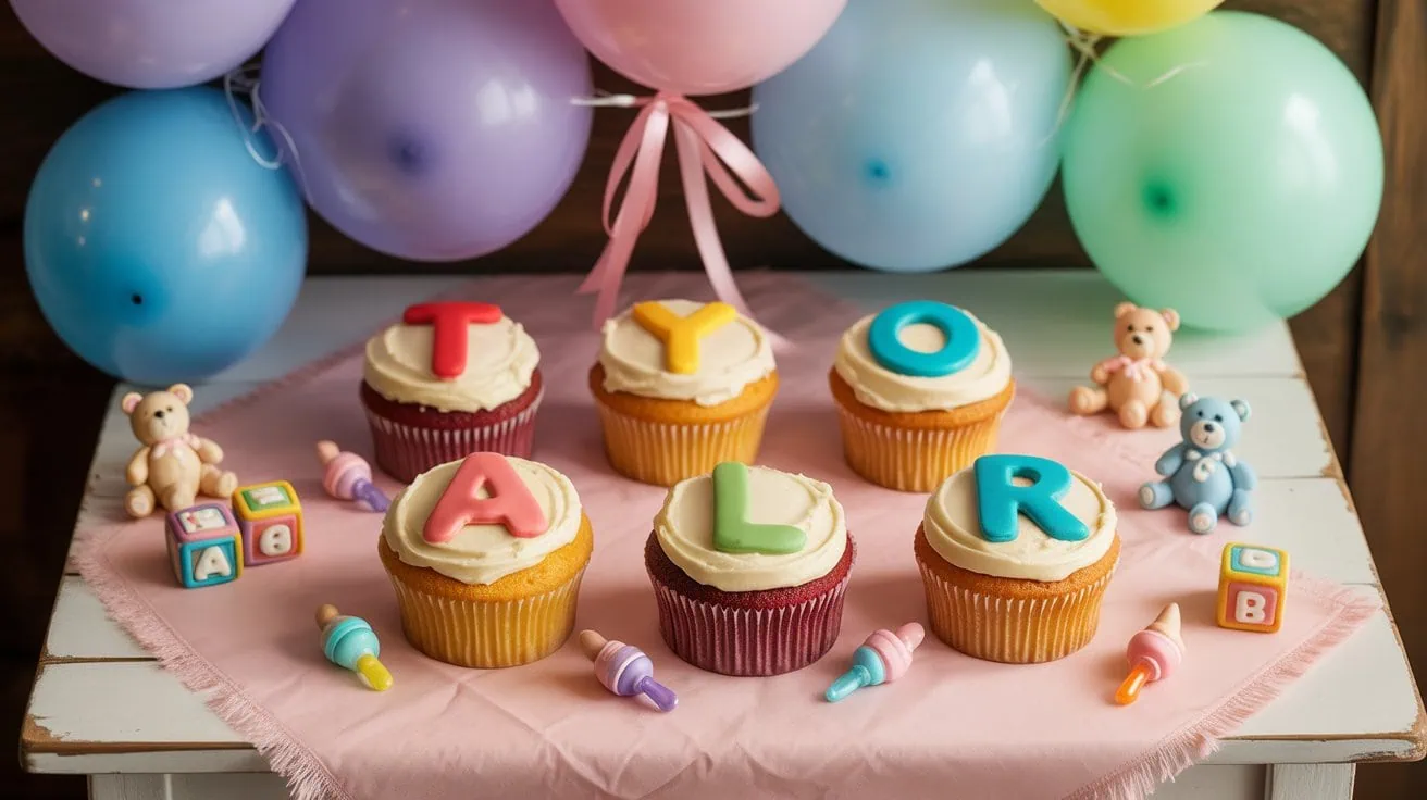 Decorative baby shower cupcakes with pastel balloons and teddy bear toys.