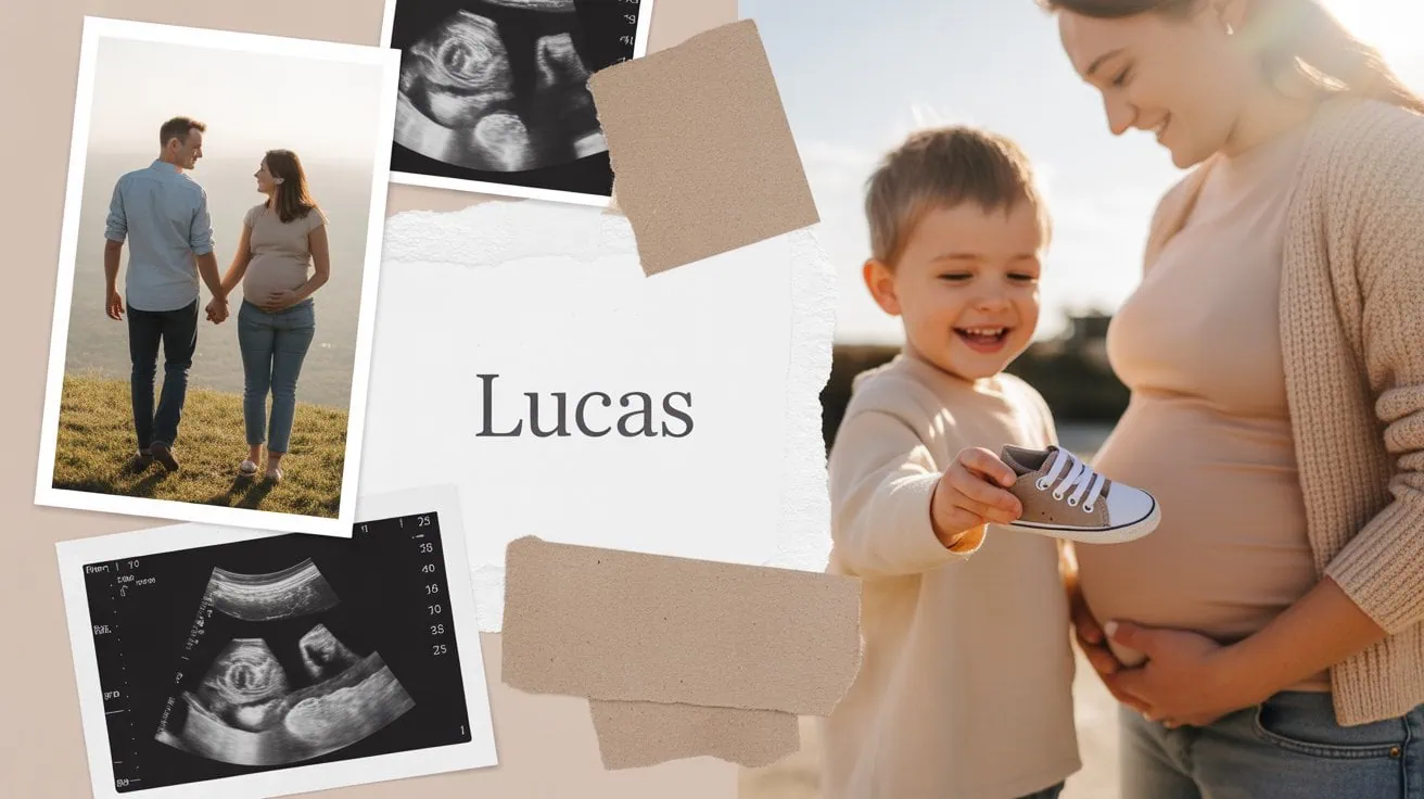 Image of a pregnant woman and young boy with ultrasound images and baby announcement.