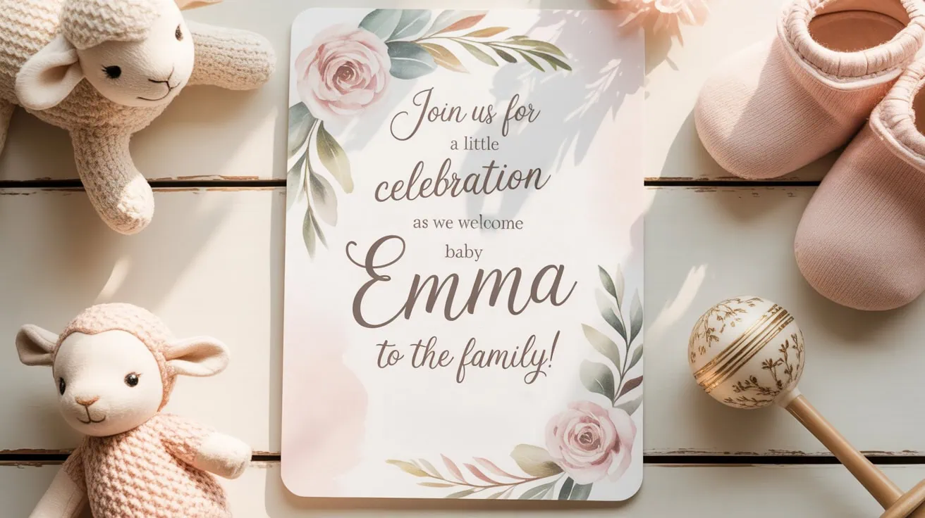 Elegant baby shower invitation card with floral design and personalized message.