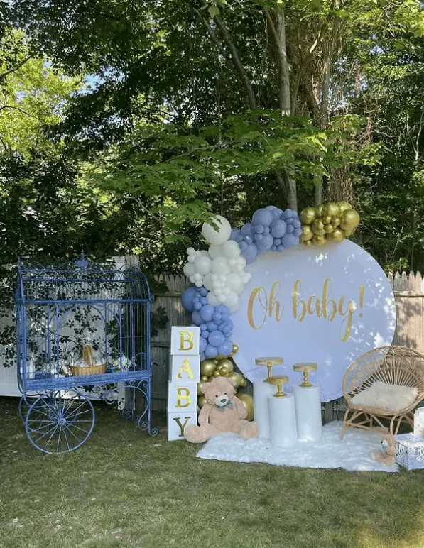 Baby Shower outdoor setup with balloon arch, sign, and decorative elements.