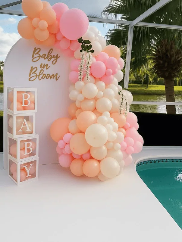 Colorful balloon arrangement for spring baby shower celebration.