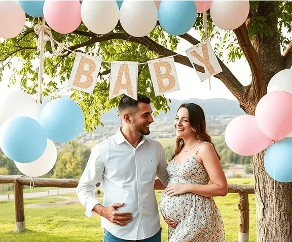 Happy couple celebrating pregnancy with balloons and "BABY" banner outdoors.