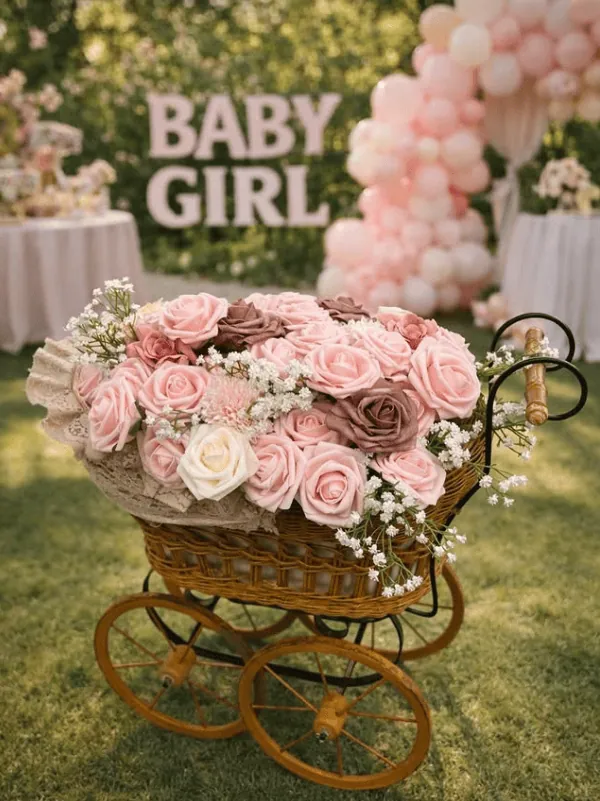 Beautiful vintage baby shower flower arrangement with pink roses and greenery.