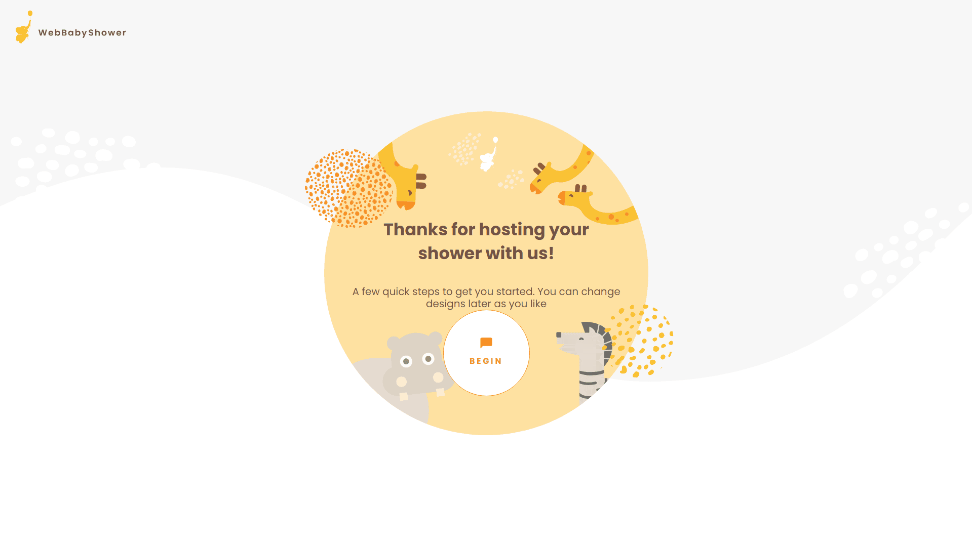 Online baby shower greeting with cute animal illustrations and thank you message.