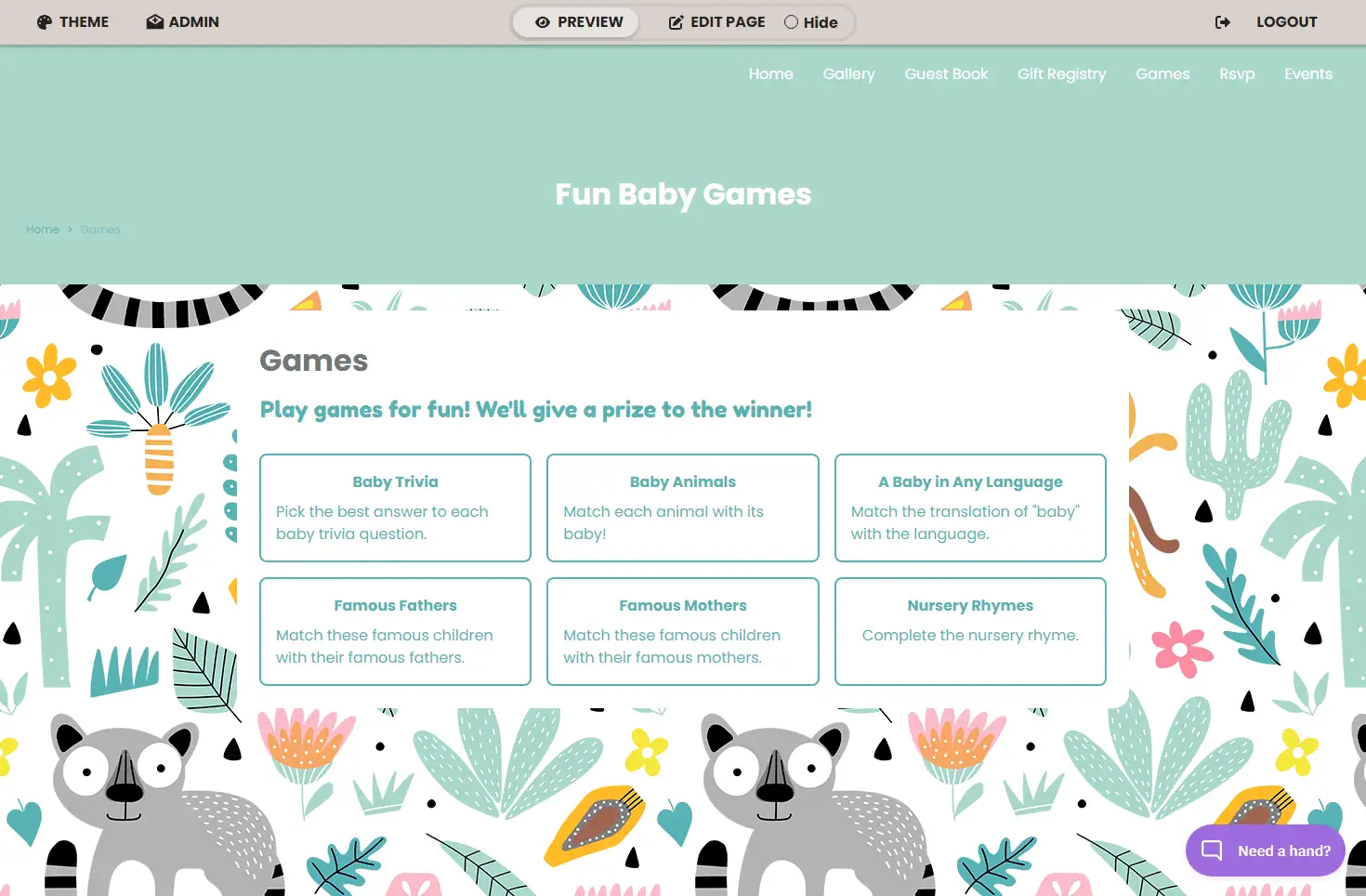 Colorful illustration of baby animals and fun games for virtual baby showers.