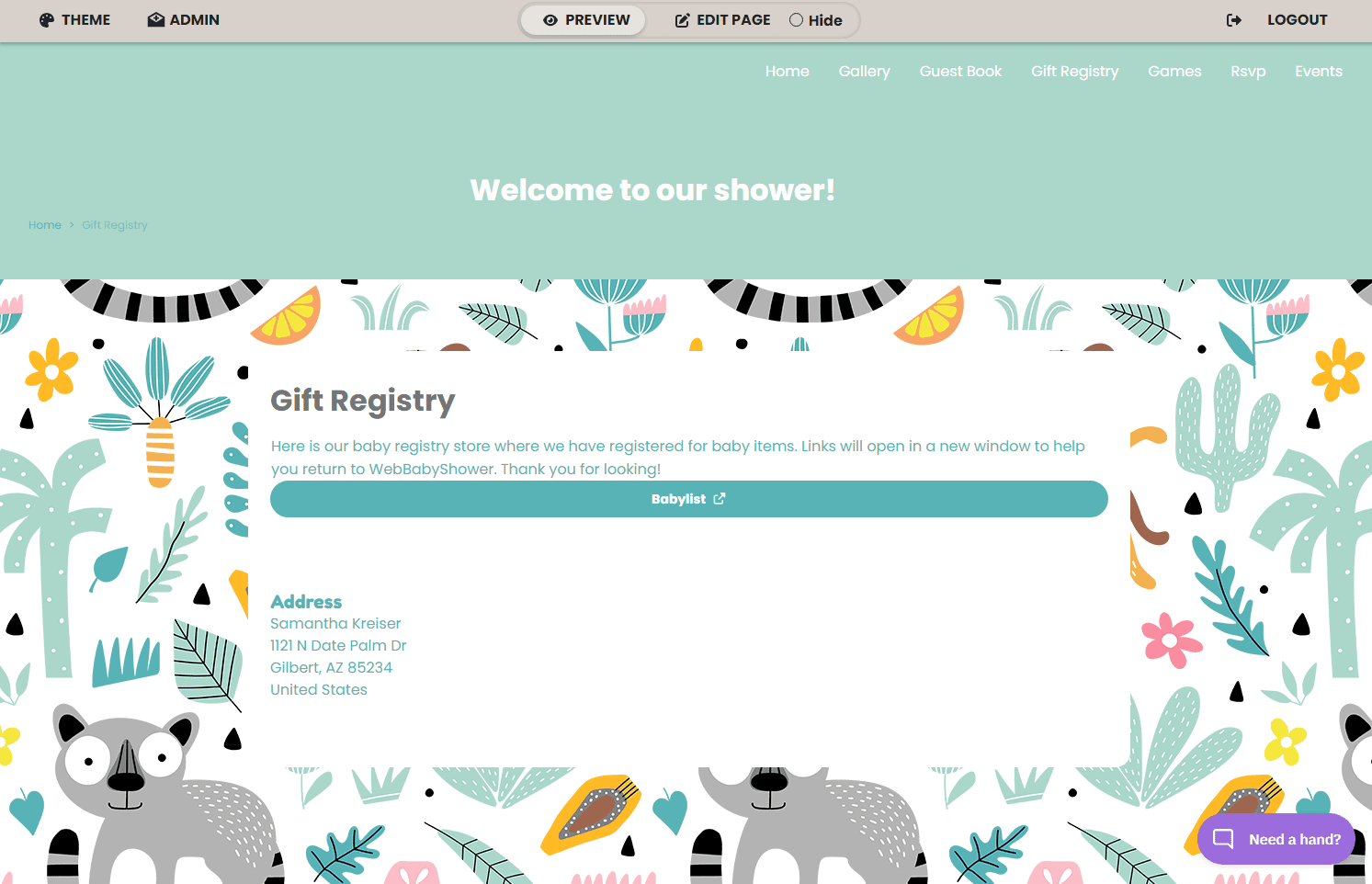 Screenshot of WebBabyShower virtual baby shower platform homepage with colorful animal and plant art.