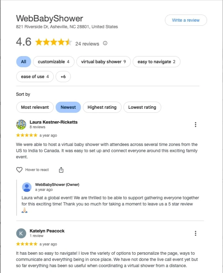 Screenshot of WebBabyShower hosting virtual baby shower with reviews and ratings.