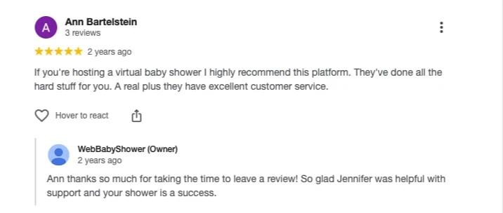 Screenshot of WebBabyShower review section with 5-star rating and comments.