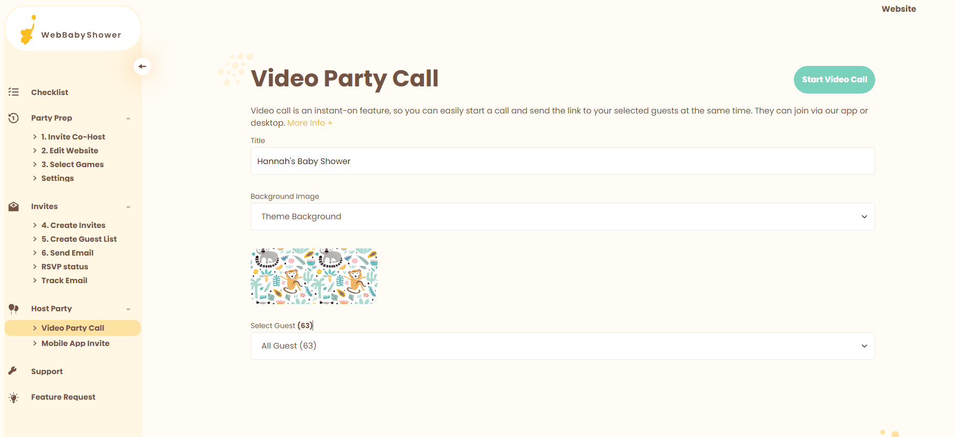 Screenshot of online baby shower video party call interface with options for background and guest.