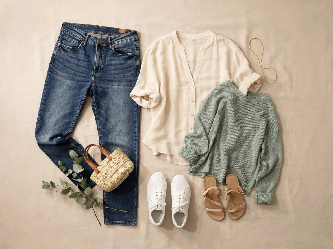 Stylish casual fall outfit with jeans, sweaters, and sneakers for women.