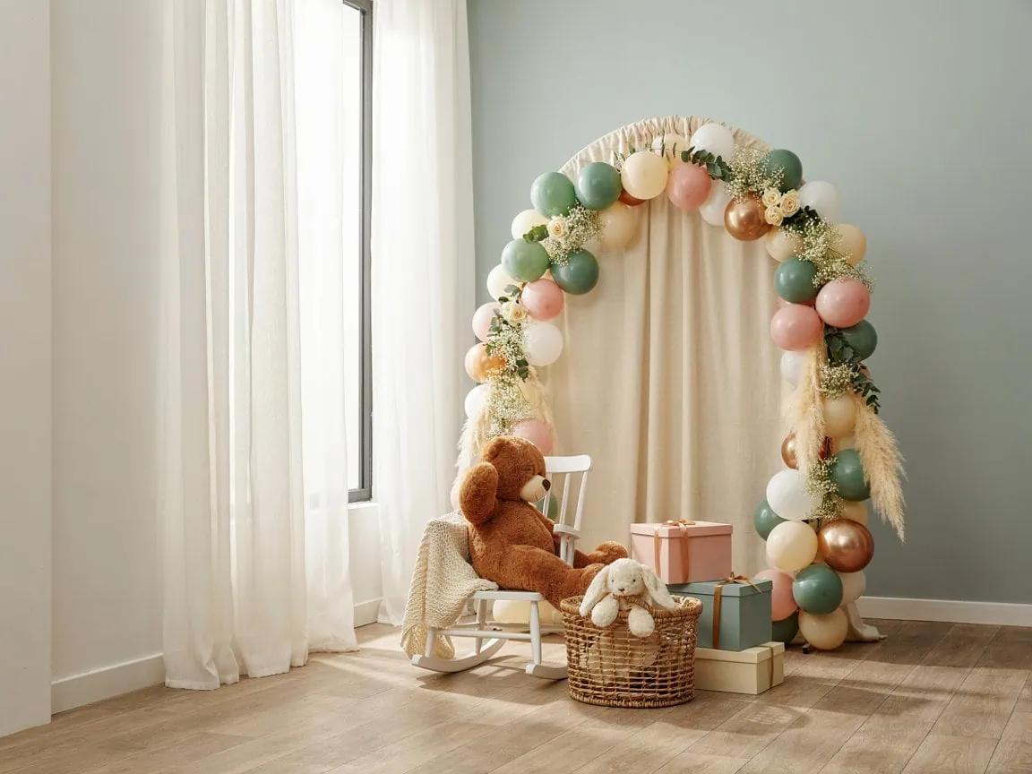 Elegant balloon arch with gifts and teddy bears for baby shower.