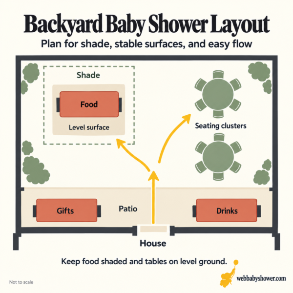 Baby shower layout with food, gifts, drinks, seating, and shade areas.