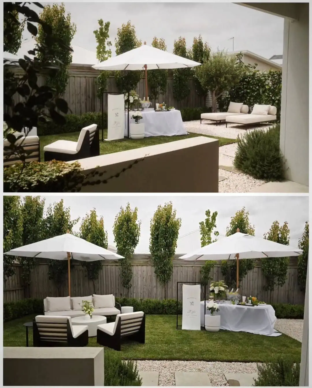 Outdoor baby shower setup with seating, tables, and umbrellas in a garden.