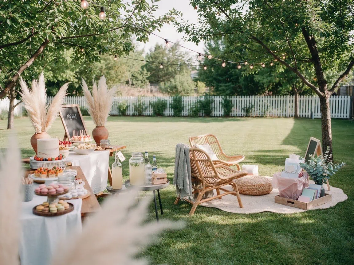 Charming outdoor baby shower setup with seating and decorations.
