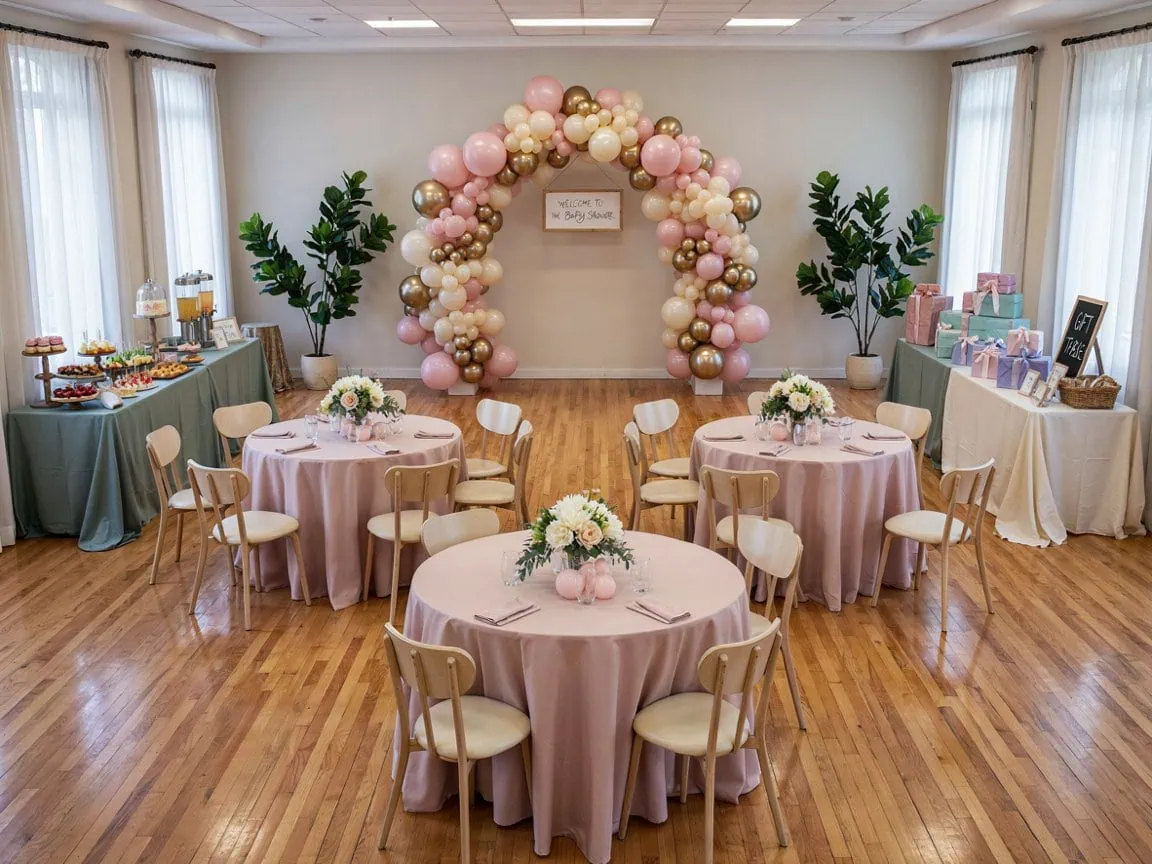 Elegant baby shower room with pink and gold balloon arch and decorated tables.