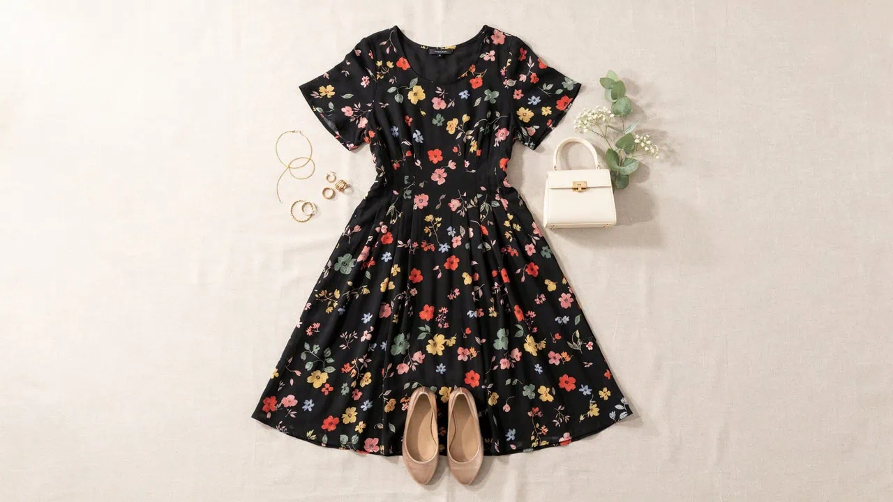 Black floral dress with beige shoes and accessories for guest outfit inspiration.