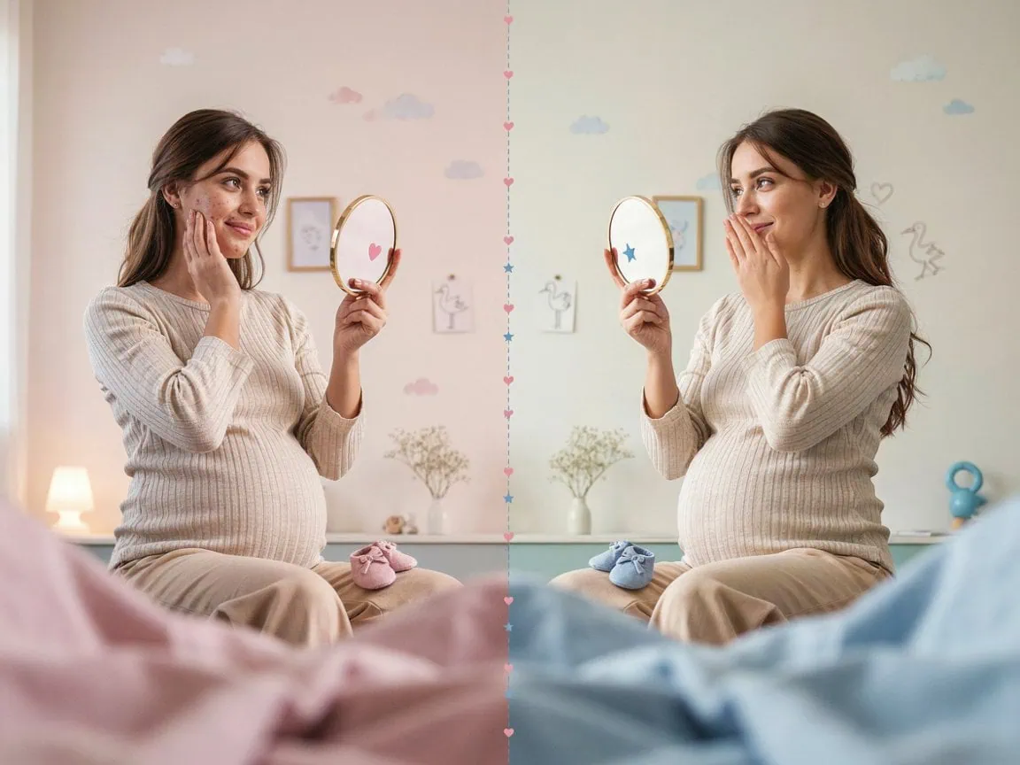 Pregnant woman looking at her reflection with a mirror in a cozy room.