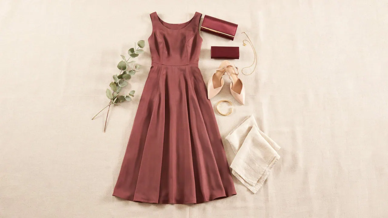 Chic pink midi dress with accessories for guest outfit ideas.