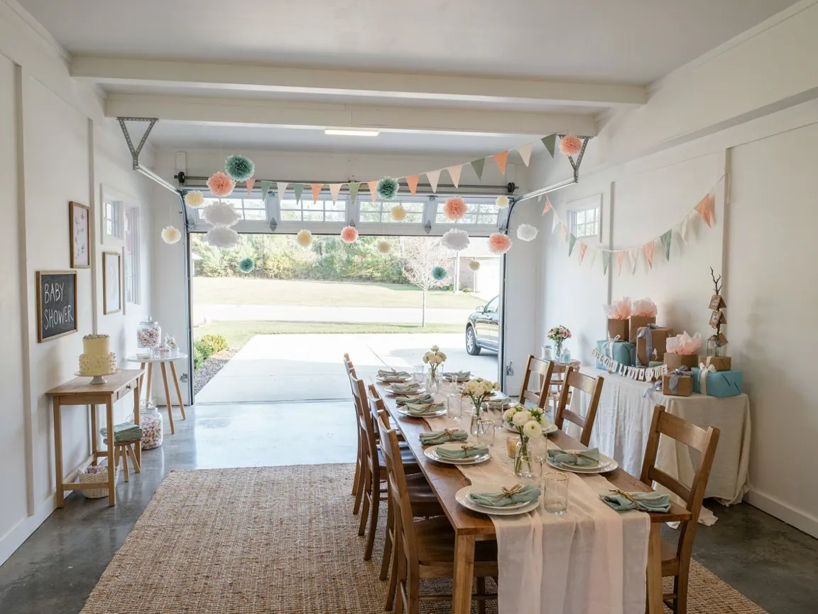 Decorated baby shower table with pastel colors and bunting for celebration.
